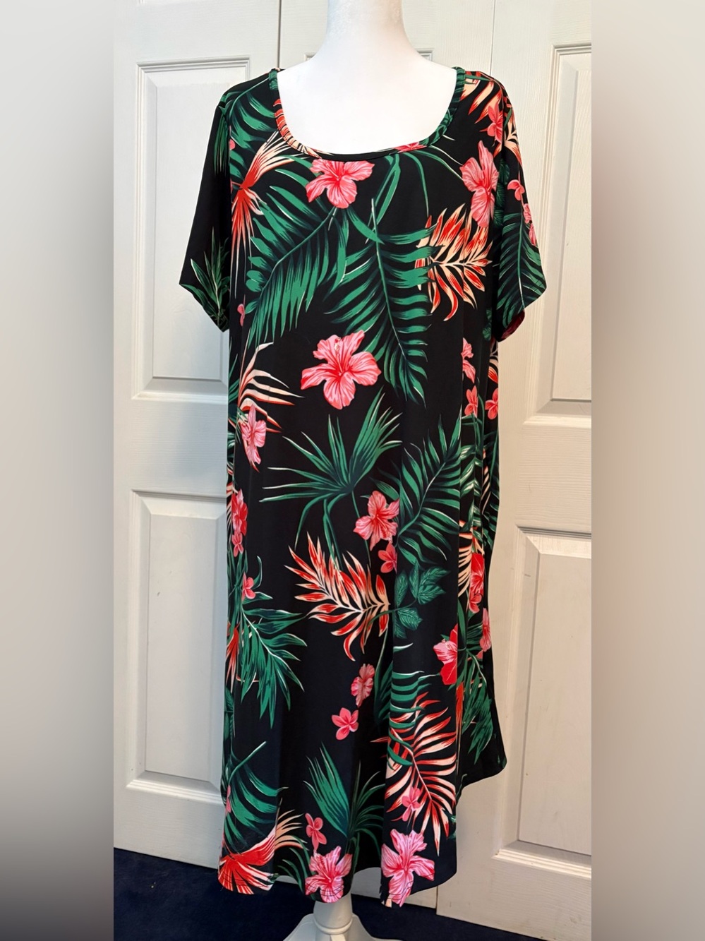 Tropical Floral Black Midi Dress with Green and Pink Print